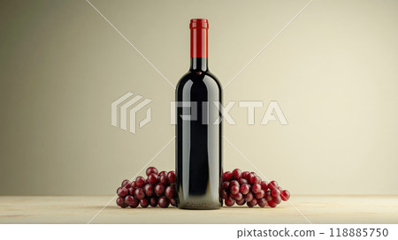 A bottle of red wine surrounded by fresh grapes, set on a rustic wooden surface in a cozy atmosphere 118885750