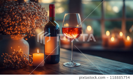 A bottle of wine and a glass set on a wooden table with candles, creating a cozy atmosphere A bottle of wine and a glass set on a wooden table with candles, creating a cozy atmosphere 118885754