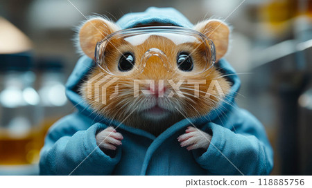 A hamster wearing glasses and a yellow coat, giving a cute and curious expression 118885756