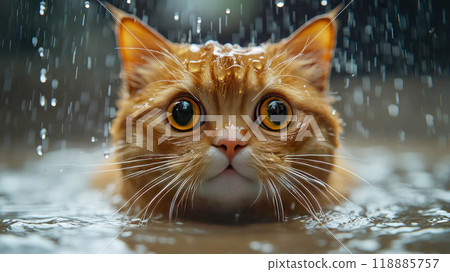 A wet, wide-eyed cat in the rain, looking surprised with water droplets all around 118885757