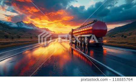 A large fuel tanker driving on a wet highway at sunset, highlighting the transportation of goods and energy across distances 118885764