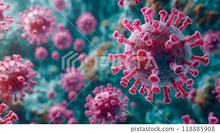 Close-up view of COVID-19 virus under a microscope, showing detailed virus particles in pink with a blue background Close-up view of COVID-19 virus under a microscope, showing detailed virus particles in pink with a blue background 118885908