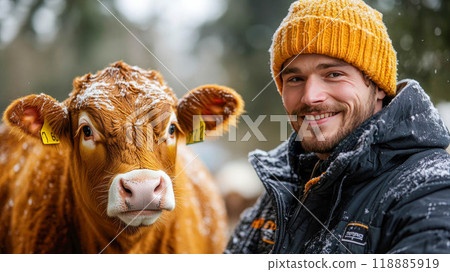 A young man wearing a fur-lined jacket smiles while standing beside a cow holding a veterinary ultrasound device 118885919