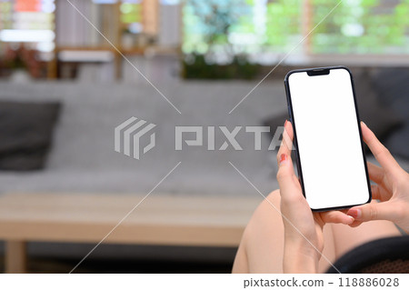 Close up shot of woman holding smartphone with blank screen in living room 118886028