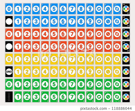 Card game uno in retro style. Vector illustration, isolated objects 118886044