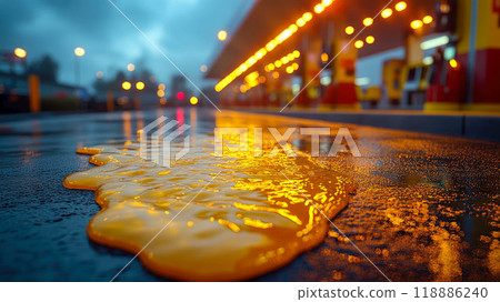 A rainy evening at a brightly lit gas station with reflections of golden lights on wet ground, creating a dramatic atmosphere A rainy evening at a brightly lit gas station with reflections of golden lights on wet ground, creating a dramatic atmosphere 118886240