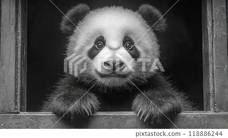 A close-up of a cute panda sitting in its enclosure, displaying soft fur and curious eyes 118886244