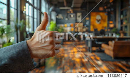 A smiling businessman in glasses gives a thumbs-up in a warmly lit office, radiating confidence and approval 118886247