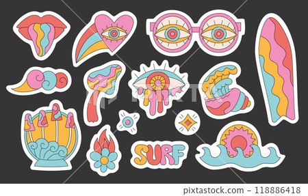 Summer groovy cartoon surf, wave, shell, glasses, eye sticker sheet. Trippy bright sticker designs. 118886418