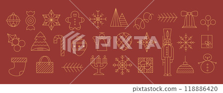 Merry Christmas and New Year, holiday elements icons. Winter holiday simple elements. Abstract modern vector snowflak, gift box, berry, ball, star, bell. Merry Christmas and New Year, holiday elements icons. Winter holiday simple elements. Abstract modern vector snowflak, gift box, berry, ball, star, bell. 118886420