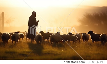 At sunset, Jesus walks peacefully with sheeps in a field 118886499