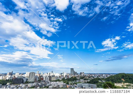 Overhead view of Sendai city in autumn seen from Sendai Castle Ruins (Aoba Castle), Aoba Ward, Sendai City Overhead view of Sendai city in autumn seen from Sendai Castle Ruins (Aoba Castle), Aoba Ward, Sendai City 118887184
