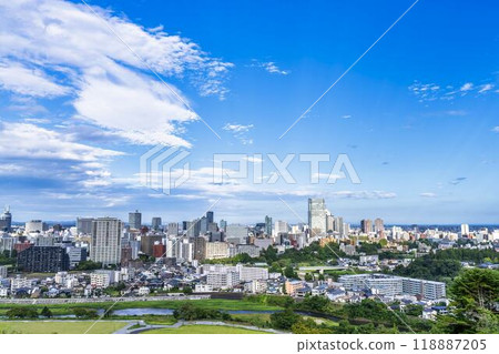 Overhead view of Sendai city in autumn seen from Sendai Castle Ruins (Aoba Castle), Aoba Ward, Sendai City 118887205