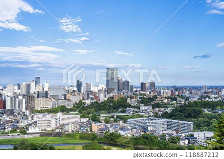 Overhead view of Sendai city in autumn seen from Sendai Castle Ruins (Aoba Castle), Aoba Ward, Sendai City Overhead view of Sendai city in autumn seen from Sendai Castle Ruins (Aoba Castle), Aoba Ward, Sendai City 118887212