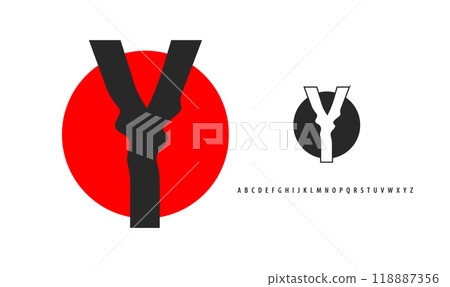 Letter Y silhouette on red sun, twisting alphabet. Japanese logo for sushi roll restaurant logo, asian cultural event logotype. Vector logo and typeset Letter Y silhouette on red sun, twisting alphabet. Japanese logo for sushi roll restaurant logo, asian cultural event logotype. Vector logo and typeset 118887356