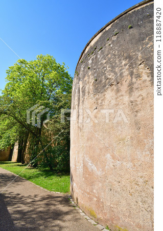 Metz, France. The ramparts of Fort Bellecroix along the Seille River on May 11, 2024. Metz, France. The ramparts of Fort Bellecroix along the Seille River on May 11, 2024. 118887420
