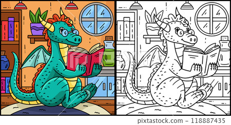 Dragon Reading a Book Coloring Page Illustration Dragon Reading a Book Coloring Page Illustration 118887435
