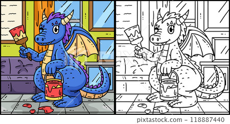 Dragon with Painting Tools Coloring Illustration 118887440