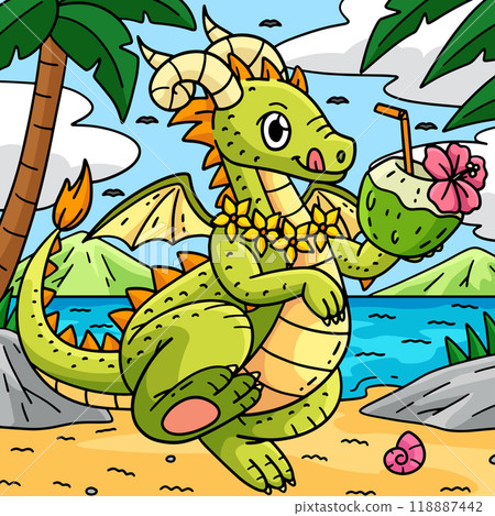 Dragon with a Coconut Drink Colored Cartoon  118887442