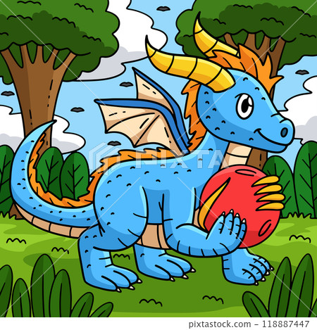 Dragon with Orb Colored Cartoon Illustration 118887447