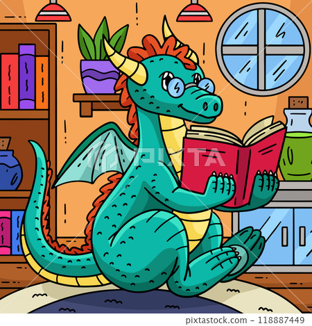 Dragon Reading a Book Colored Cartoon Illustration Dragon Reading a Book Colored Cartoon Illustration 118887449