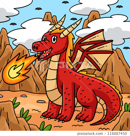 Dragon Breathing Fire Colored Cartoon Dragon Breathing Fire Colored Cartoon 118887450