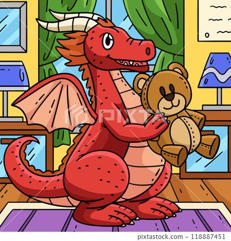 Dragon with a Bear Plushy Colored Cartoon Dragon with a Bear Plushy Colored Cartoon 118887451
