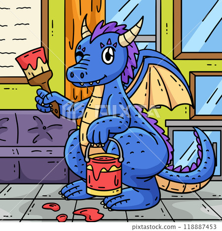 Dragon with Painting Tools Colored Cartoon Dragon with Painting Tools Colored Cartoon 118887453
