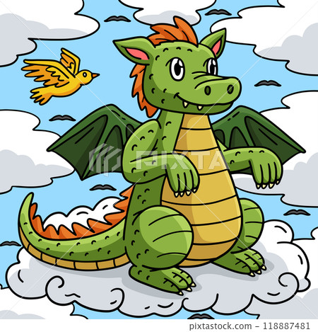 Dragon Sitting on a Cloud Colored Cartoon Dragon Sitting on a Cloud Colored Cartoon 118887481