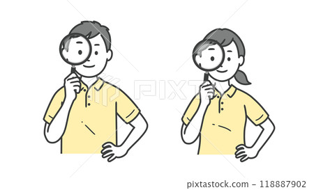 Upper body illustration of male and female caregivers holding magnifying glasses 118887902