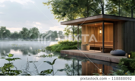 A small cabin on a lake with water and trees, AI 118888092