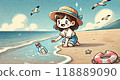 Girl picking up message bottle 118889090