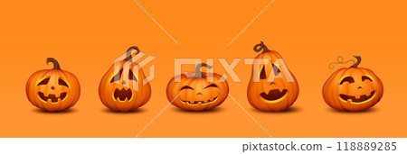 Spooky jack-o-lantern with funny faces realistic icons set 118889285