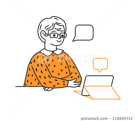 Senior woman on video call via tablet linear vector icon Senior woman on video call via tablet linear vector icon 118889332