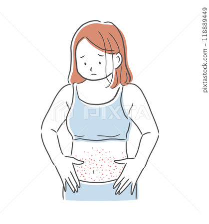 Illustration material of a woman with a troubled face and rough skin on her stomach 118889449