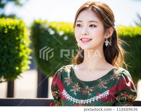 A woman sitting on a park bench 118889636