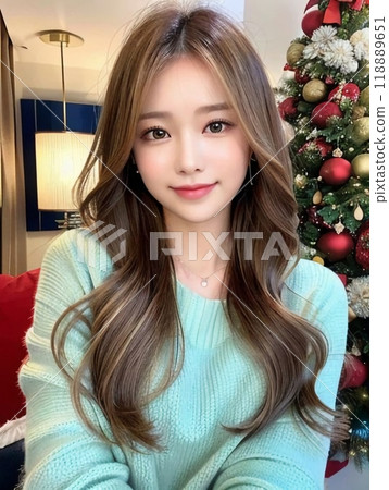 站在聖誕樹前的年輕女子 118889651