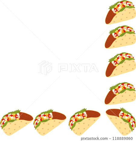Tacos wit meet and vegetables sauces and green salad. Mexican eating Corner bottom frame border 118889860