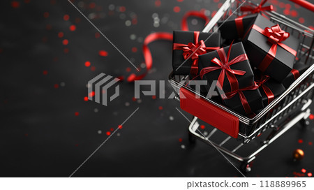 A pile of black gift boxes with red ribbon in a shopping cart on a black background with confetti and copy space for text for Black Friday event. AI generated. 118889965