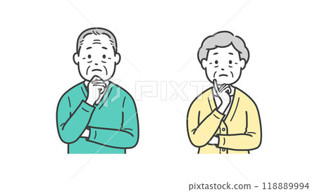 Upper body illustration of an elderly man and woman worried with their hands on their face 118889994