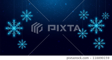 Hanging wireframe snowflakes in low poly style. Christmas and New Year concept. Abstract modern vector illustration isolated on blue background 118890159