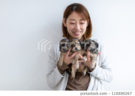 Family photo puppy Kaninchen Dachshund and woman Family photo puppy Kaninchen Dachshund and woman 118890267