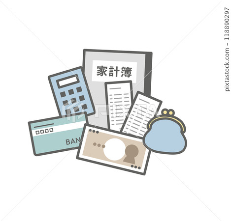 Illustration of money and household account book, calculator, bankbook, wallet, and receipt 118890297