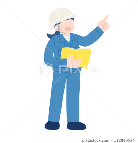 A flat illustration of a woman in work clothes wearing a helmet standing holding a document and pointing diagonally upwards 118890584