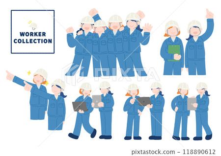 Flat illustrations (set) of multiple women in helmets and work clothes Flat illustrations (set) of multiple women in helmets and work clothes 118890612