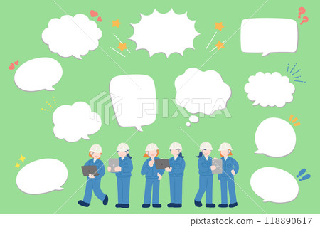 Flat illustration (set) of a woman in a helmet and work clothes consulting while looking at a screen and a speech bubble Flat illustration (set) of a woman in a helmet and work clothes consulting while looking at a screen and a speech bubble 118890617