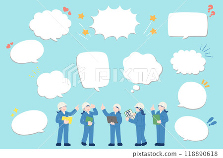 Flat illustration (set) of a woman in a helmet and work clothes checking and a speech bubble Flat illustration (set) of a woman in a helmet and work clothes checking and a speech bubble 118890618