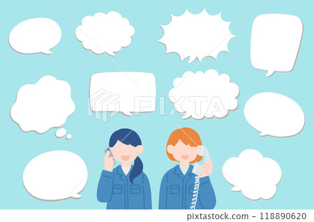 Flat illustration (set) of two women in work clothes making phone calls and speech bubbles 118890620
