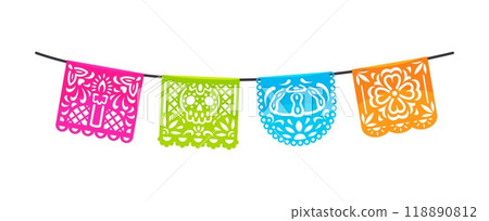 Mexican day of the dead dia de los muertos paper cut flags. Holiday, papel picado banners with traditional candle, sugar skull, pan de muerto bread and flower patterns for decorating cultural events Mexican day of the dead dia de los muertos paper cut flags. Holiday, papel picado banners with traditional candle, sugar skull, pan de muerto bread and flower patterns for decorating cultural events 118890812