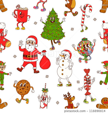 Groovy funny Christmas characters seamless pattern with Santa, snowman, Christmas tree, disco ball, bauble, red mug and reindeer with candy cane. Cartoon vector festive and holiday tile or wrappingV 118890814